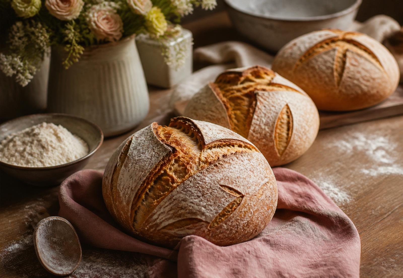 Pães artesanais recém-saídos do forno sobre mesa de madeira